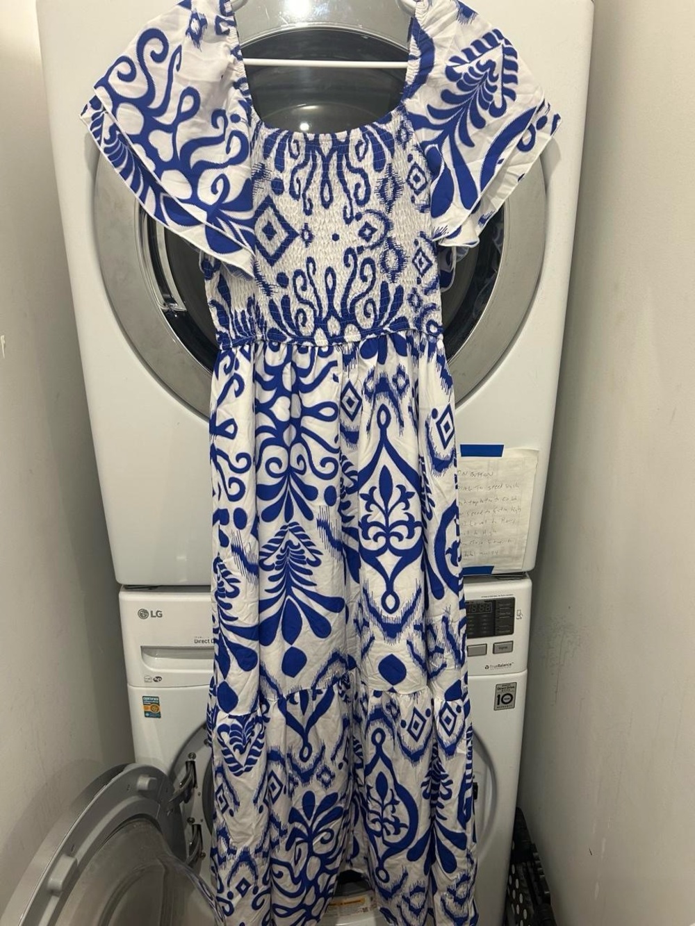 SHEIN Blue and White Patterned Smocked Dress